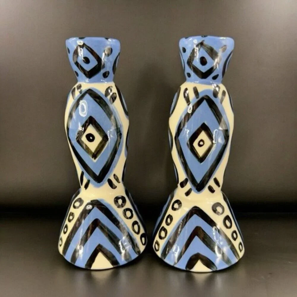 Hand Painted Vintage Pottery Candle Stick Holder Set 2 Signed YCHUK Abstract‎ 2